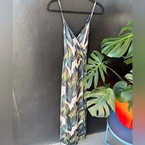 Floor length tropical print spaghetti strap dress